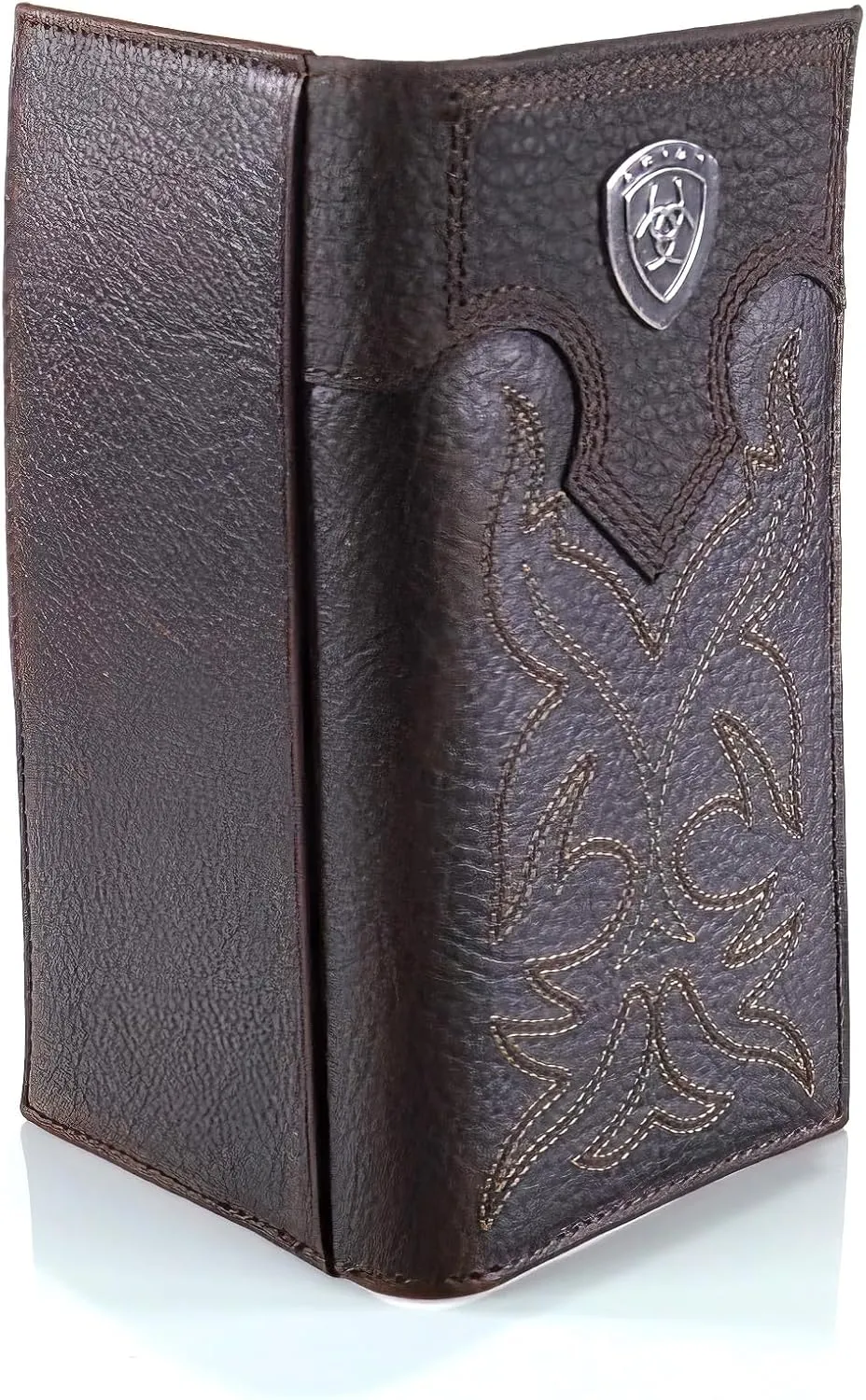 Ariat Men's Rodeo Wallet with Silver Shield Concho, Distressed Brown Top Grain Leather, Boot Stitching