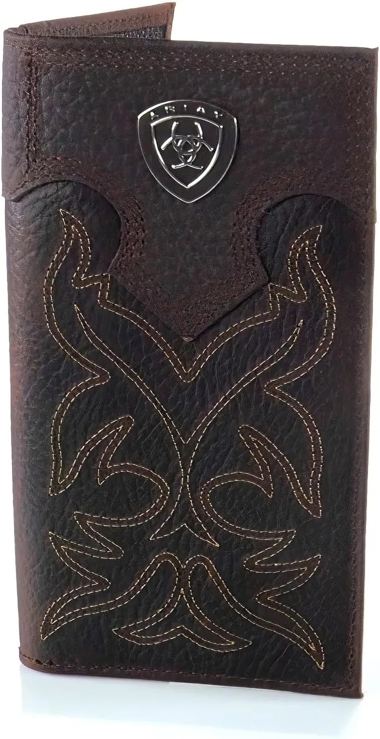Ariat Men's Rodeo Wallet with Silver Shield Concho, Distressed Brown Top Grain Leather, Boot Stitching