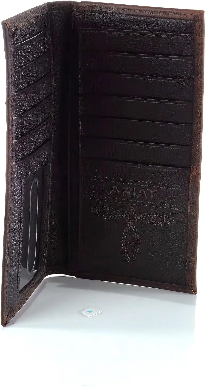 Ariat Men's Rodeo Wallet with Silver Shield Concho, Distressed Brown Top Grain Leather, Boot Stitching