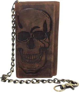 Biker Skull Chain Wallet RFID Signal Blocking Men's Vintage Leather Long Tri-fold Chain Checkbook Card ID Wallet (Skull Brown)
