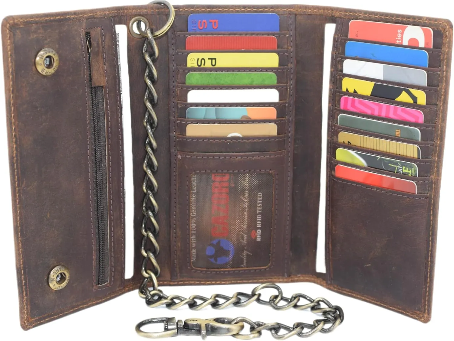 Biker Skull Chain Wallet RFID Signal Blocking Men's Vintage Leather Long Tri-fold Chain Checkbook Card ID Wallet (Skull Brown)