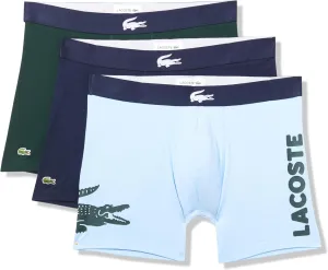 Lacoste Men's Cotton Stretch Big Croc Print Boxer Briefs, 3-Pack, Blue/Dark Green/Navy Blue, Large
