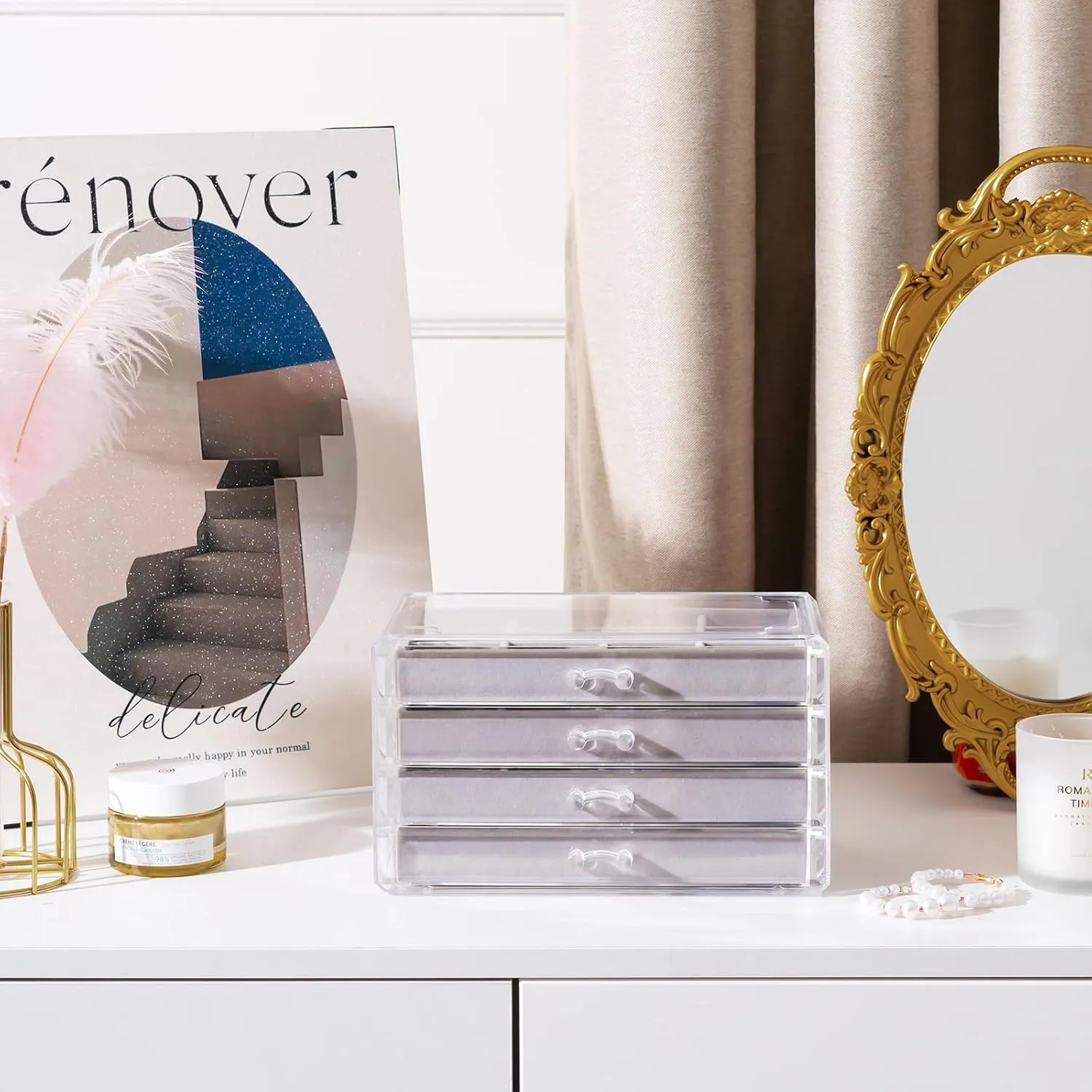 Lolalet Earring Holder Organizer Box Jewelry Storage with 4 Drawers, Clear Acrylic Stackable Earring Case with Adjustable Velvet Trays for Women on Dresser Vanity -Grey, 4 Layers
