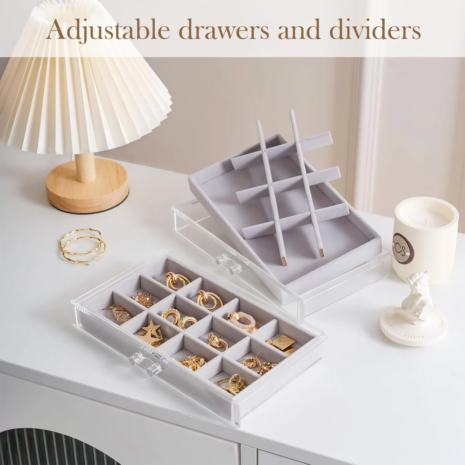 Lolalet Earring Holder Organizer Box Jewelry Storage with 4 Drawers, Clear Acrylic Stackable Earring Case with Adjustable Velvet Trays for Women on Dresser Vanity -Grey, 4 Layers