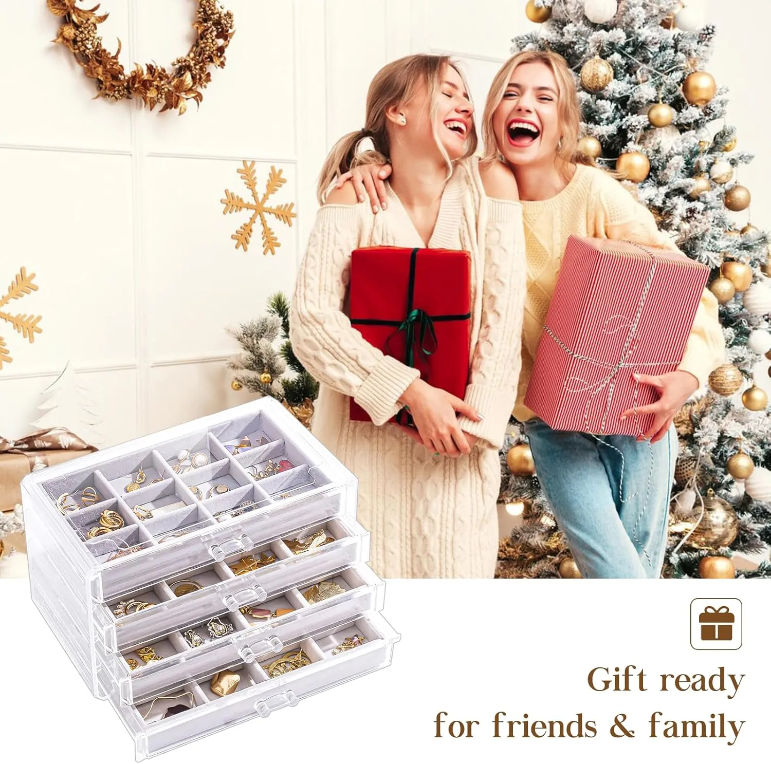 Lolalet Earring Holder Organizer Box Jewelry Storage with 4 Drawers, Clear Acrylic Stackable Earring Case with Adjustable Velvet Trays for Women on Dresser Vanity -Grey, 4 Layers