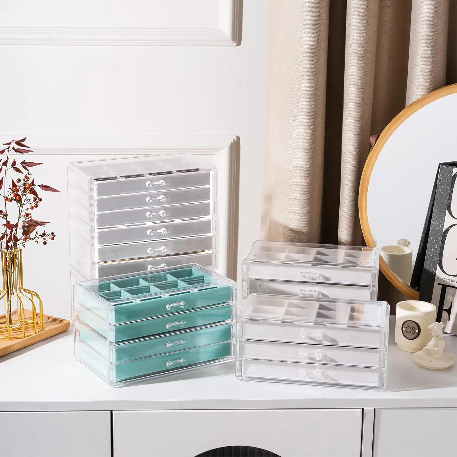 Lolalet Earring Holder Organizer Box Jewelry Storage with 4 Drawers, Clear Acrylic Stackable Earring Case with Adjustable Velvet Trays for Women on Dresser Vanity -Grey, 4 Layers