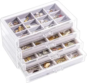 Lolalet Earring Holder Organizer Box Jewelry Storage with 4 Drawers, Clear Acrylic Stackable Earring Case with Adjustable Velvet Trays for Women on Dresser Vanity -Grey, 4 Layers