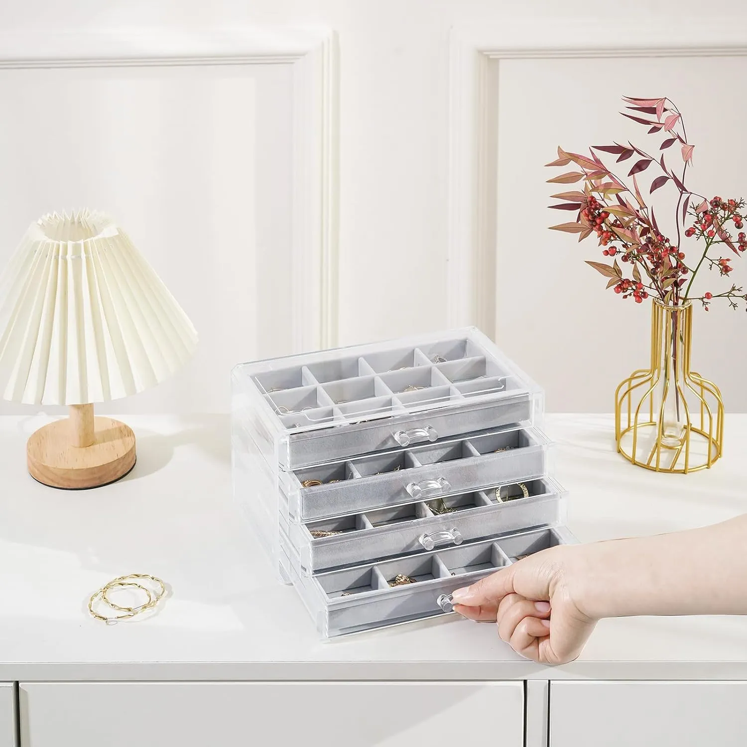 Lolalet Earring Holder Organizer Box Jewelry Storage with 4 Drawers, Clear Acrylic Stackable Earring Case with Adjustable Velvet Trays for Women on Dresser Vanity -Grey, 4 Layers