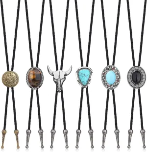 LOLIAS Bolo Tie,Handmade Vintage Bolo Ties for Men Western Cowboy Leather Necktie with Natural Tiger Eye Stone Costume Accessories for Men Women 6Pcs