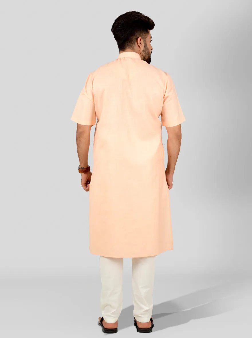 Peach Self Textured Regular Fit Modi Kurta | JadeBlue