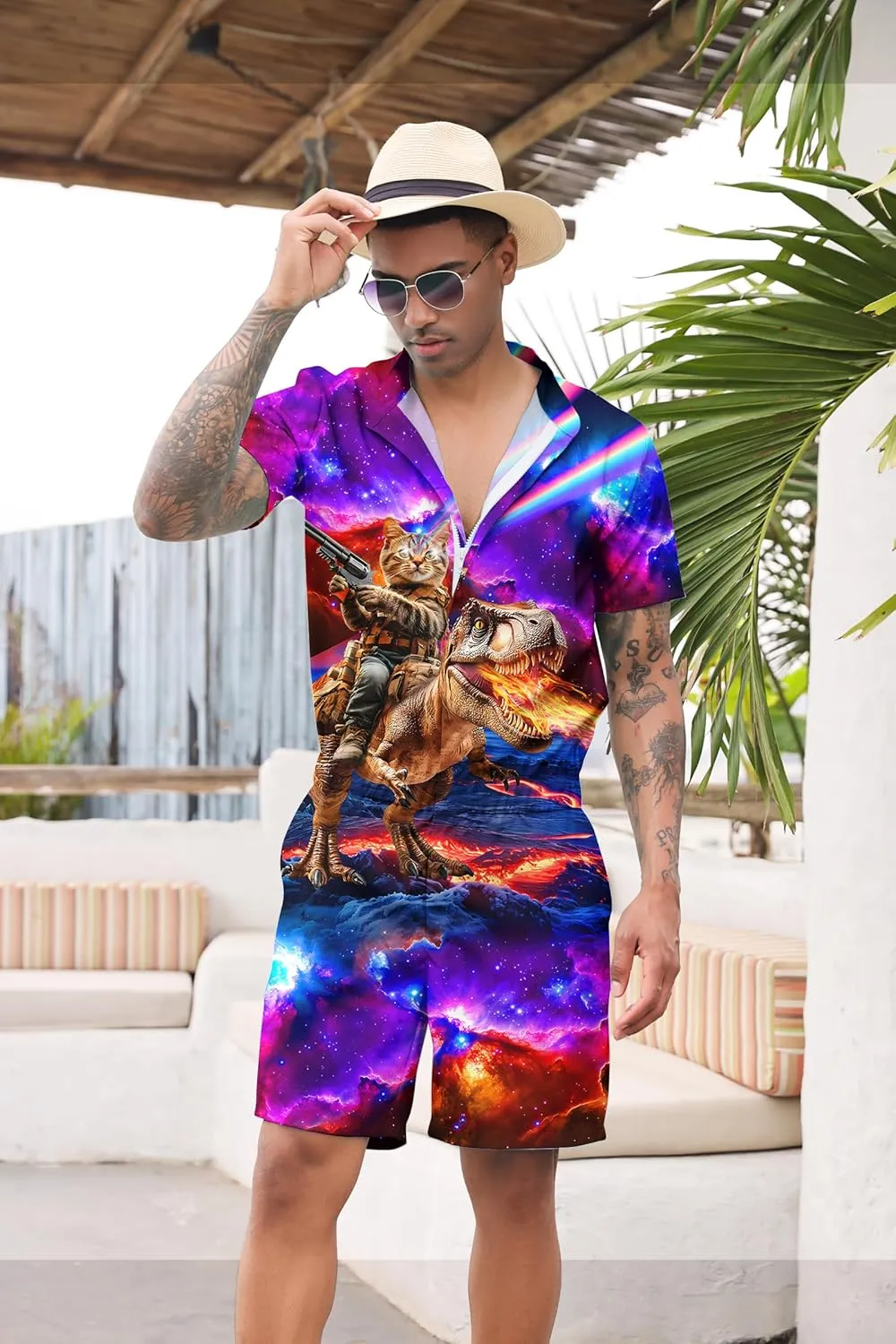 RAISEVERN Mens Romper Zipper Jumpsuit Male Shorts Sleeve One Piece Overalls Bro Outfits