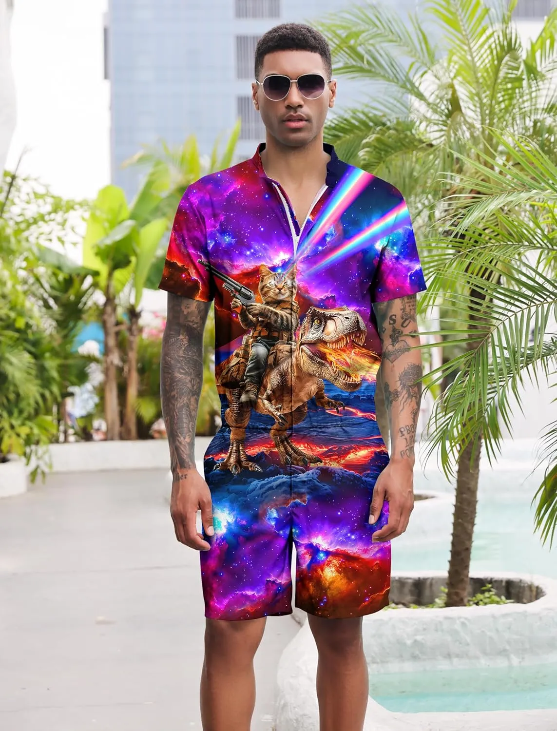 RAISEVERN Mens Romper Zipper Jumpsuit Male Shorts Sleeve One Piece Overalls Bro Outfits