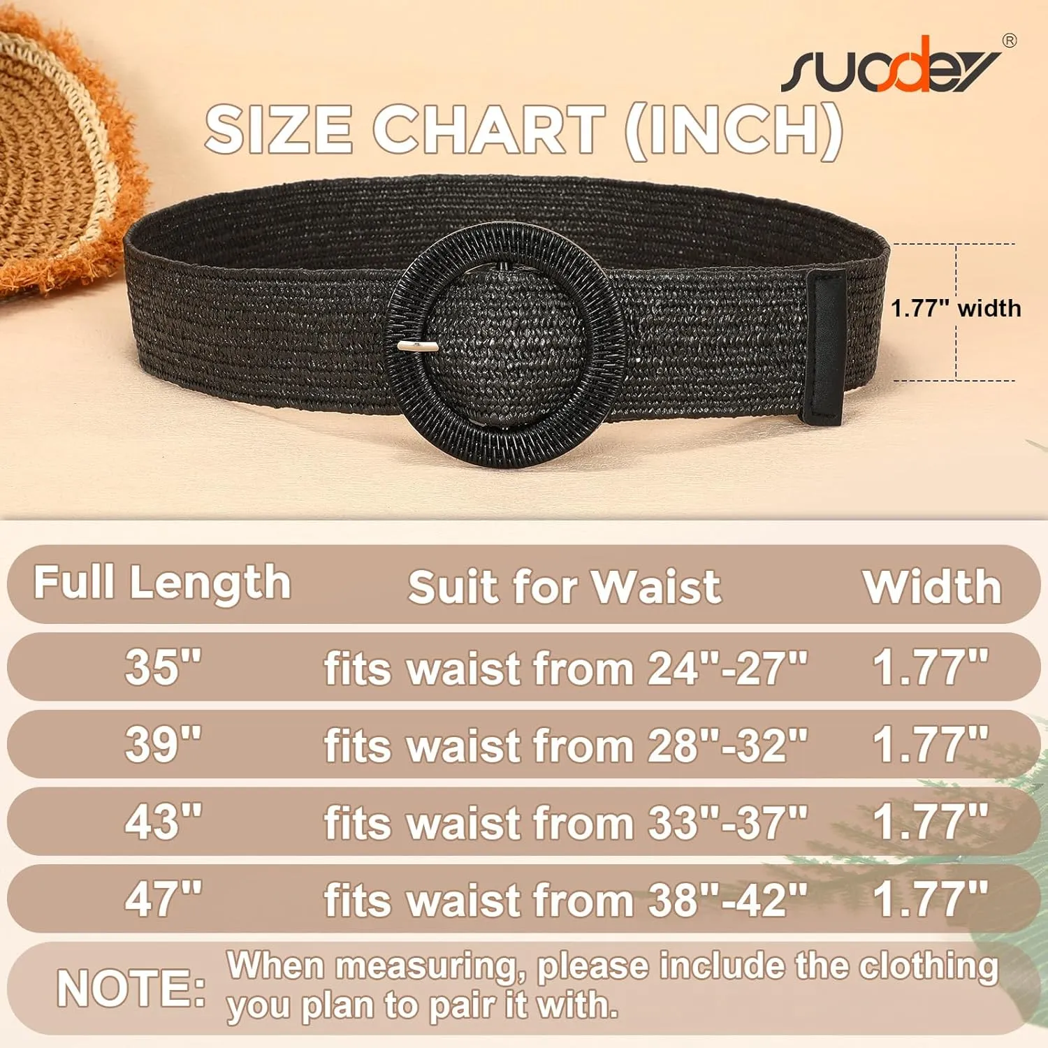 SUOSDEY Straw Woven stretchy Waist Belt for Women Dresses,Wide Boho Braided Elastic Belt with Round Buckle