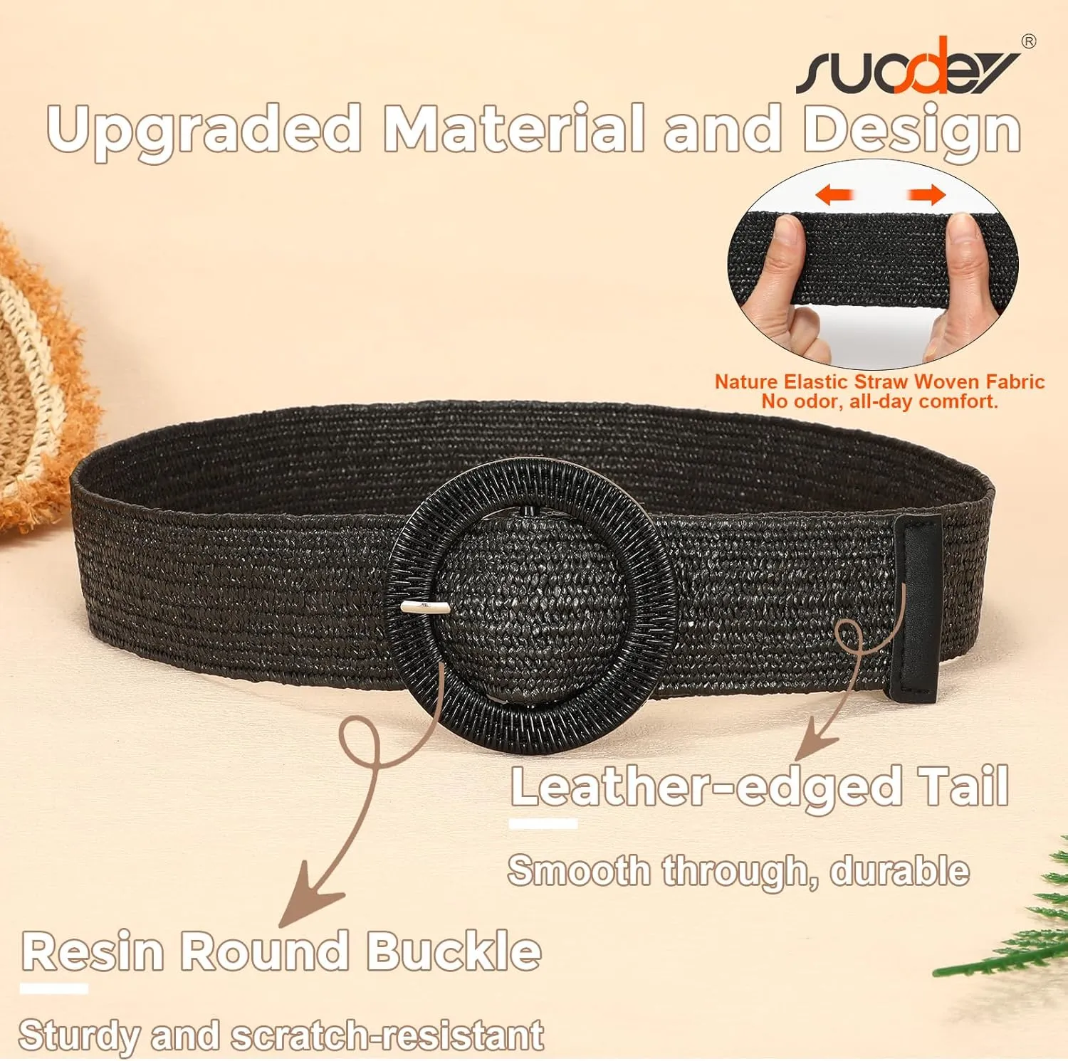 SUOSDEY Straw Woven stretchy Waist Belt for Women Dresses,Wide Boho Braided Elastic Belt with Round Buckle