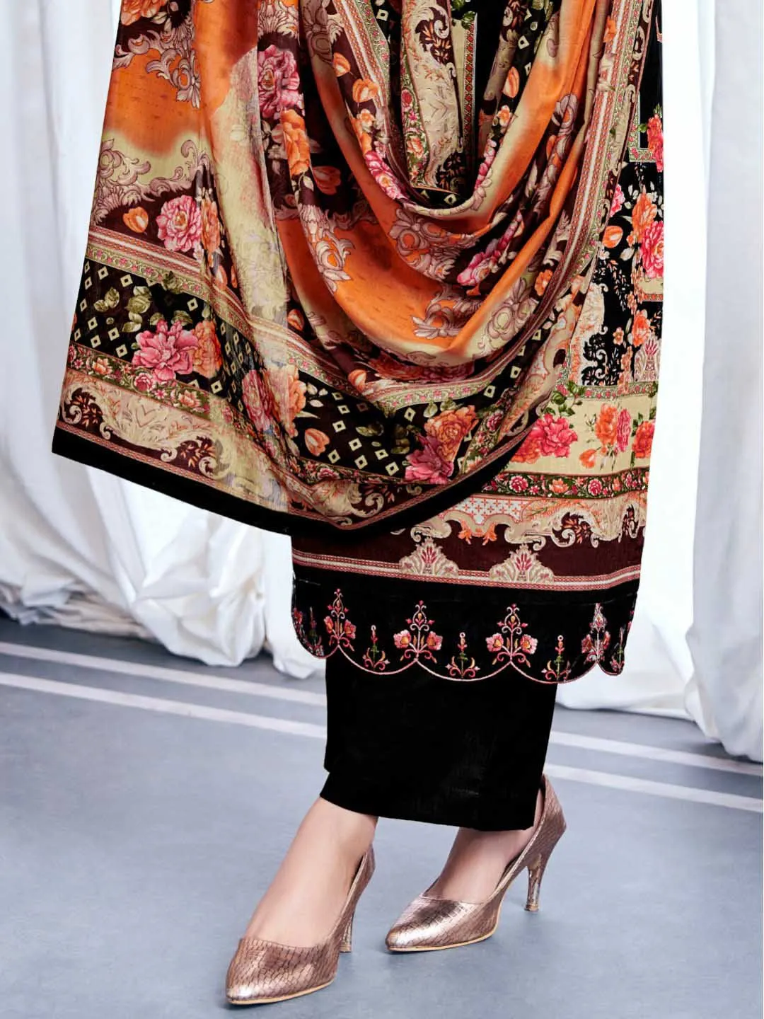 Unstitched Pakistani Print Cotton Suit Fabric with Embroidery Black