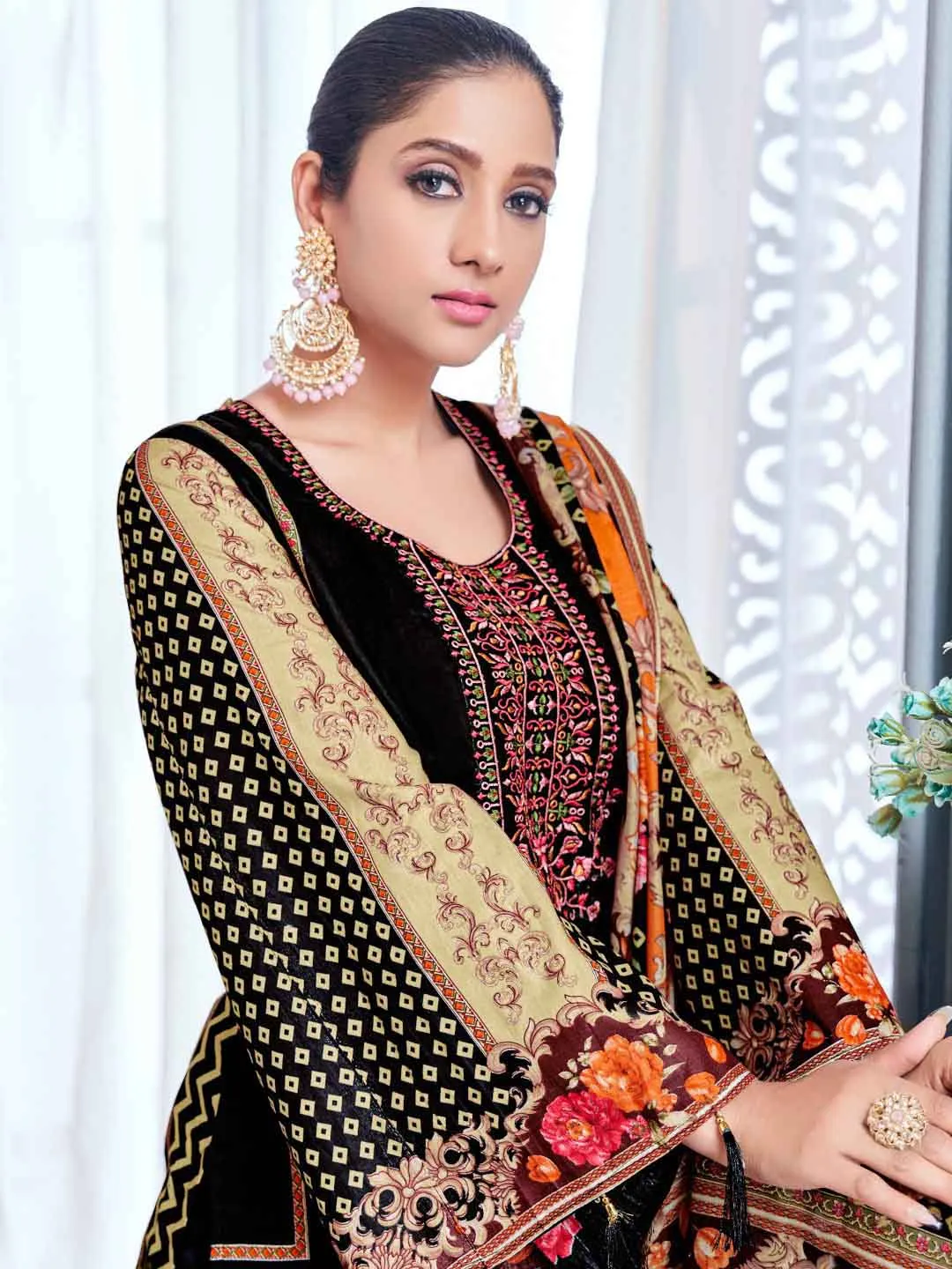 Unstitched Pakistani Print Cotton Suit Fabric with Embroidery Black